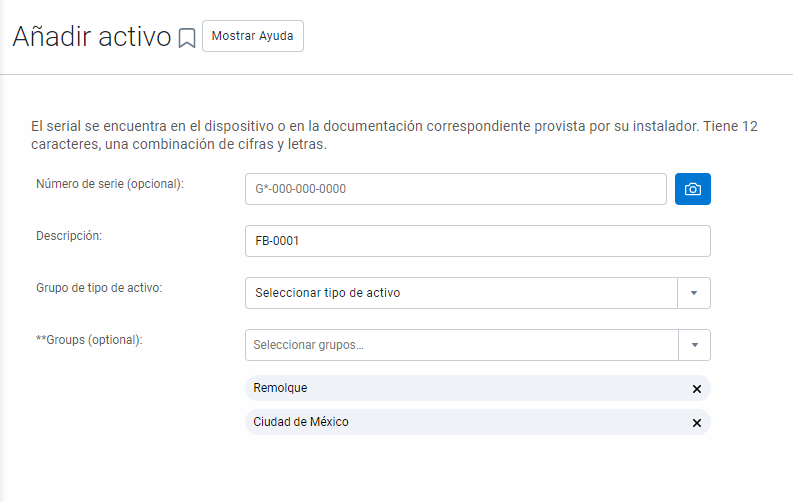 Captura de pantalla de MyGeotab de la página Añadir activo